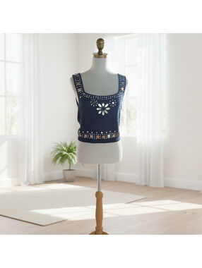 J.Crew Navy Blue Crochet Top/vest with Silver Embellishments, Size M NWT